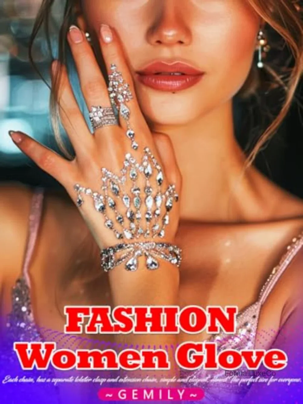 Rhinestone Fingerless Gloves with Extension Chain - Hand Jewelry for Women